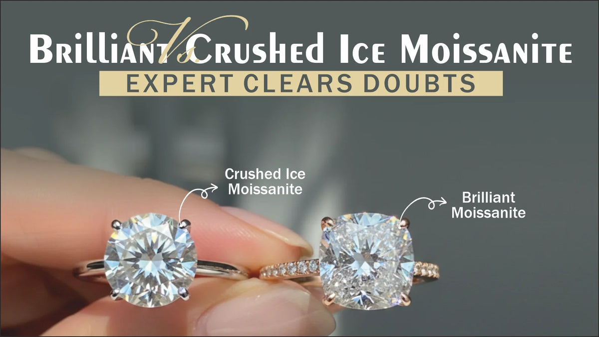 Brilliant vs Crushed Ice Moissanite comparison showing sparkle, cut and visual clarity difference