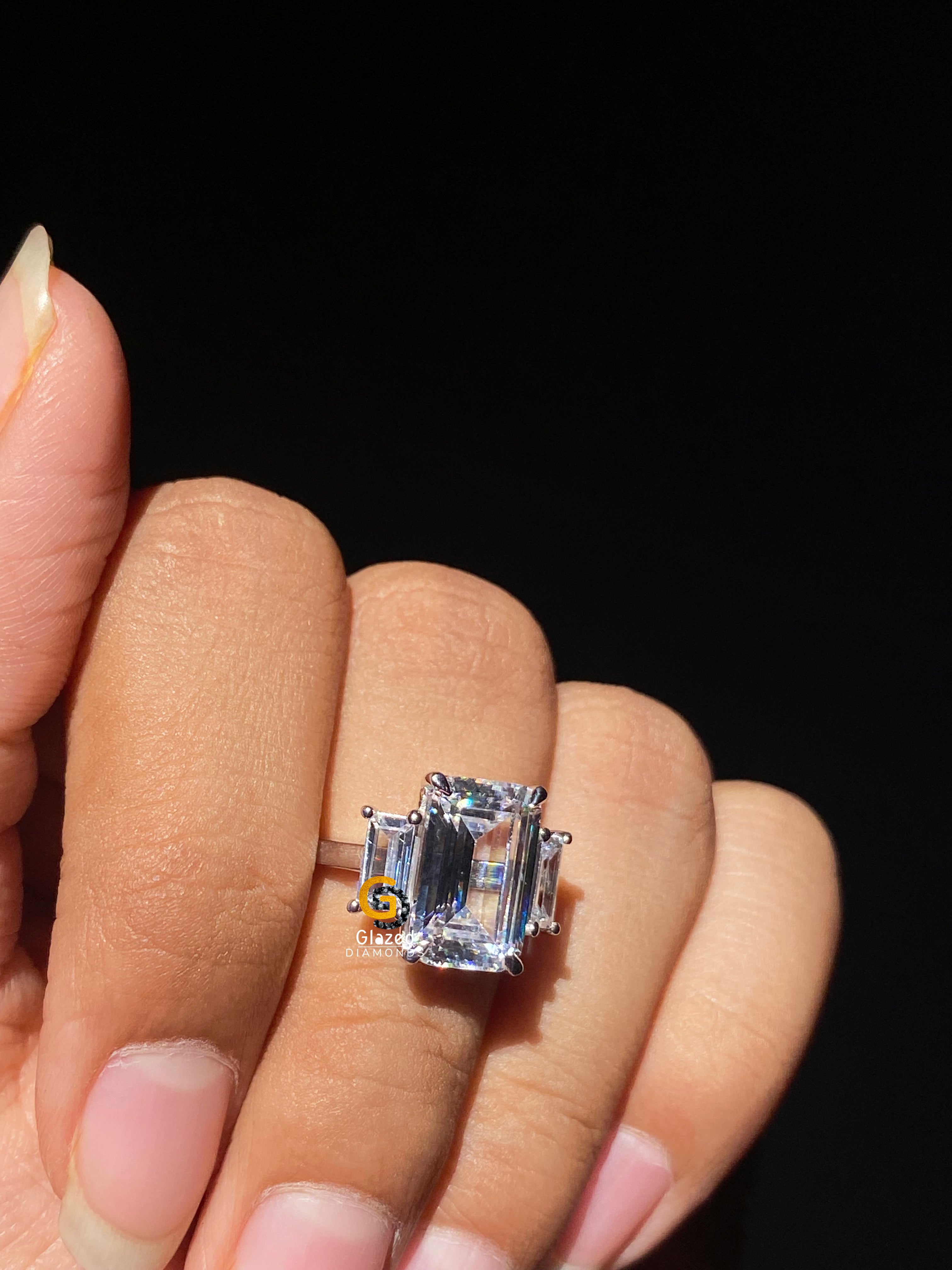 5 CT Emerald Cut Three Stone Moissanite Engagement Ring For Her