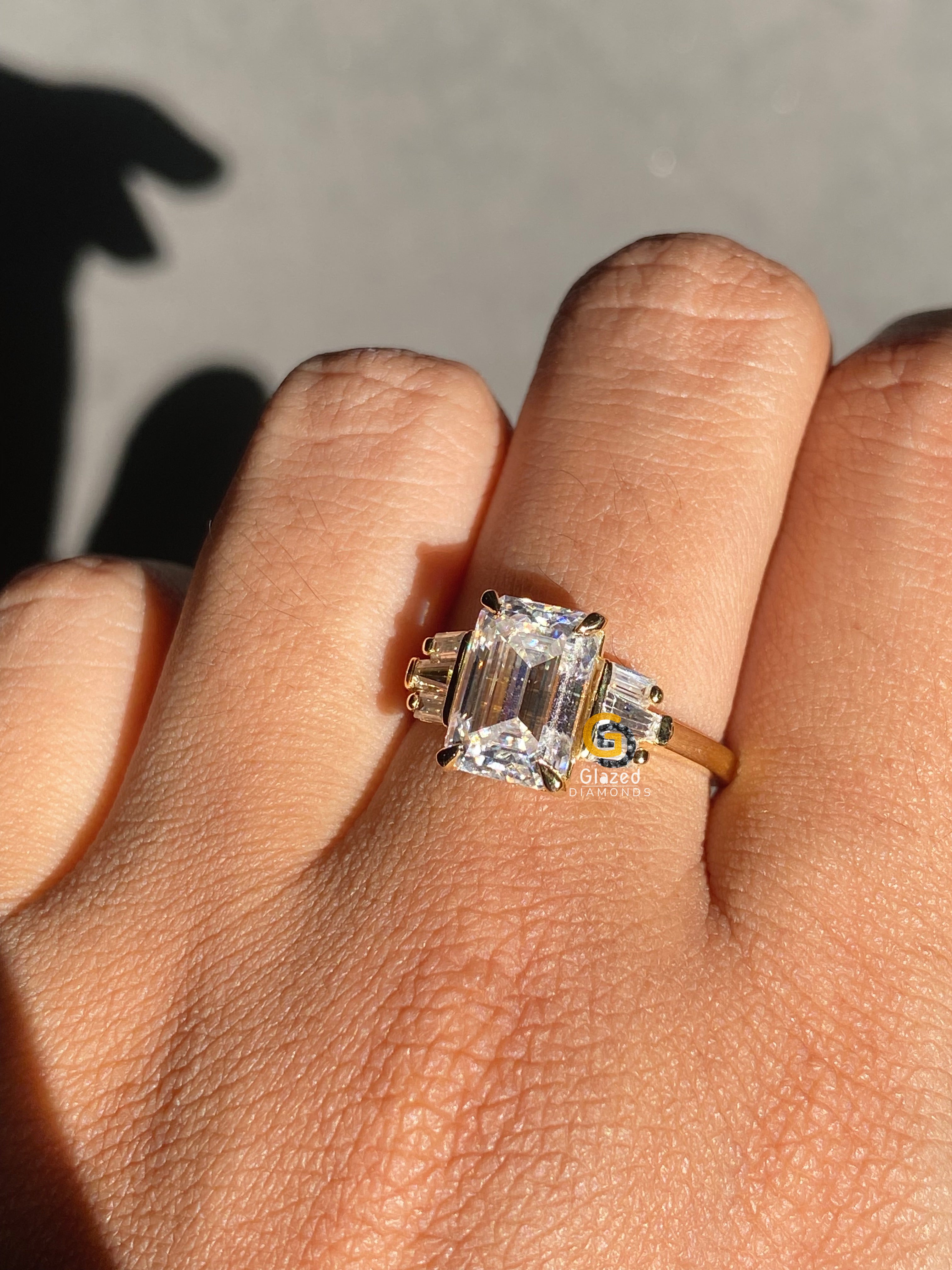 3 CT Emerald Cut Three Stone Side Baguette Moissanite Engagement Ring For Her
