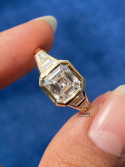 3CT Asscher Cut Five Stone Moissanite Bezel Set Engagements Ring