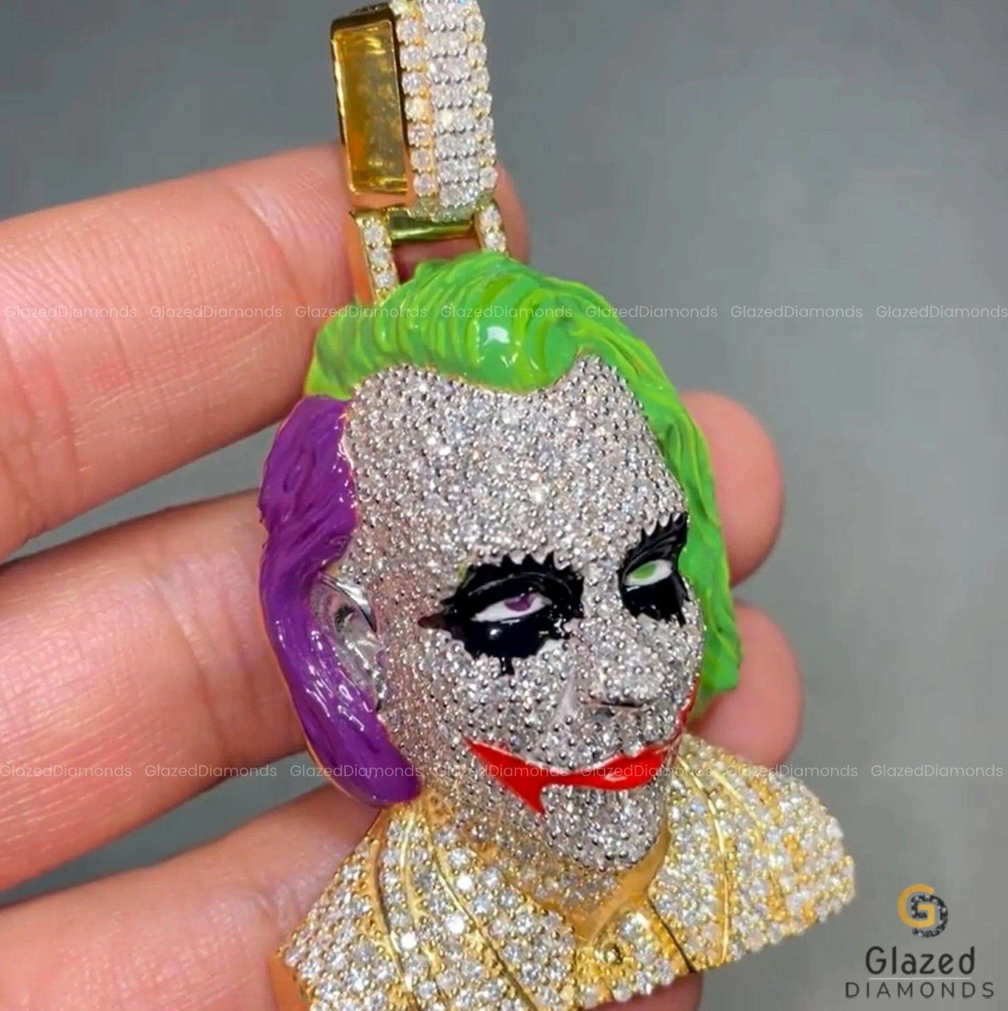 Two Tone Men's Enamel Iced 3D Joker Face Diamond Pendant