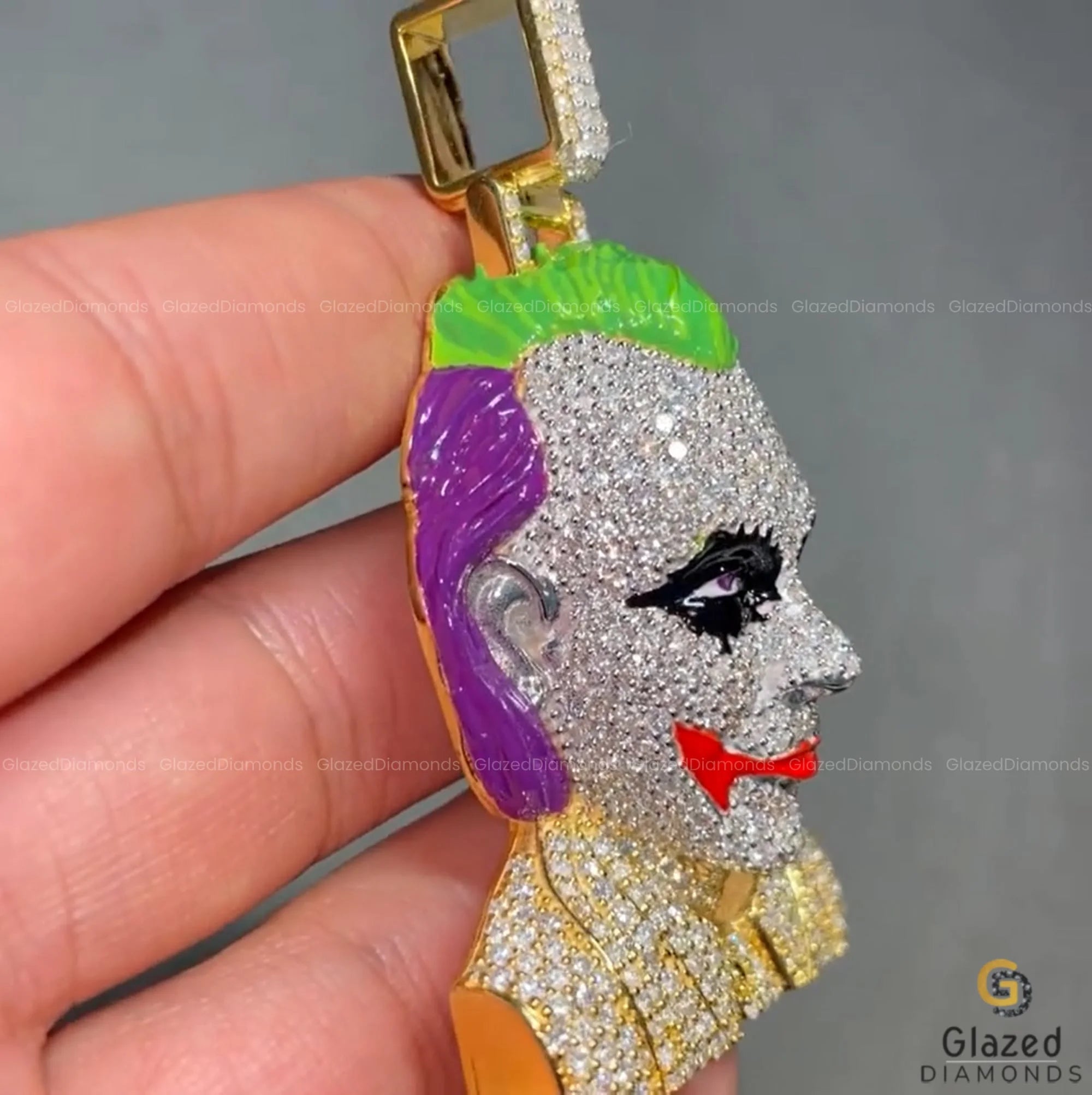 Two Tone Men's Enamel Iced 3D Joker Face Diamond Pendant