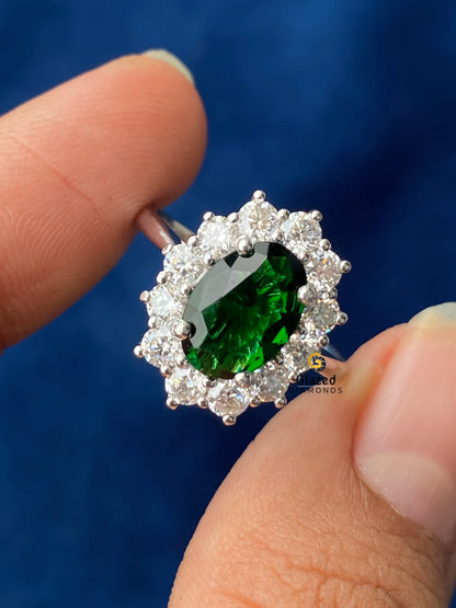 14K Solid Gold Green Oval Diamond Moissanite Flower Halo Ring 