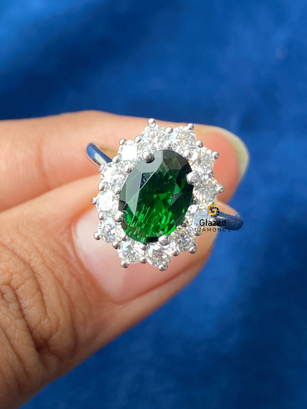 14K Solid Gold Green Oval Diamond Moissanite Flower Halo Ring For Women