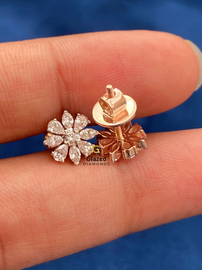 14K Solid Gold Moissanite Marquise_ Round Cut Wedding Earrings