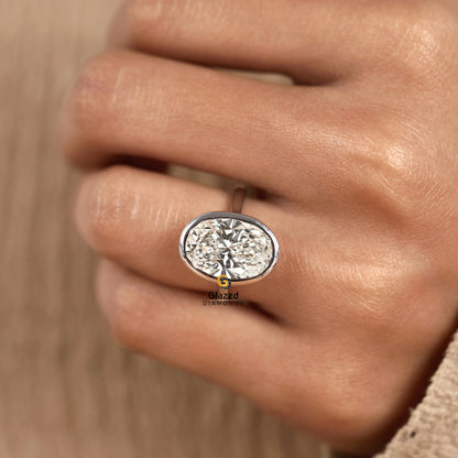 14K Solid Gold Oval Bezel Set Solitaire Ring For Women