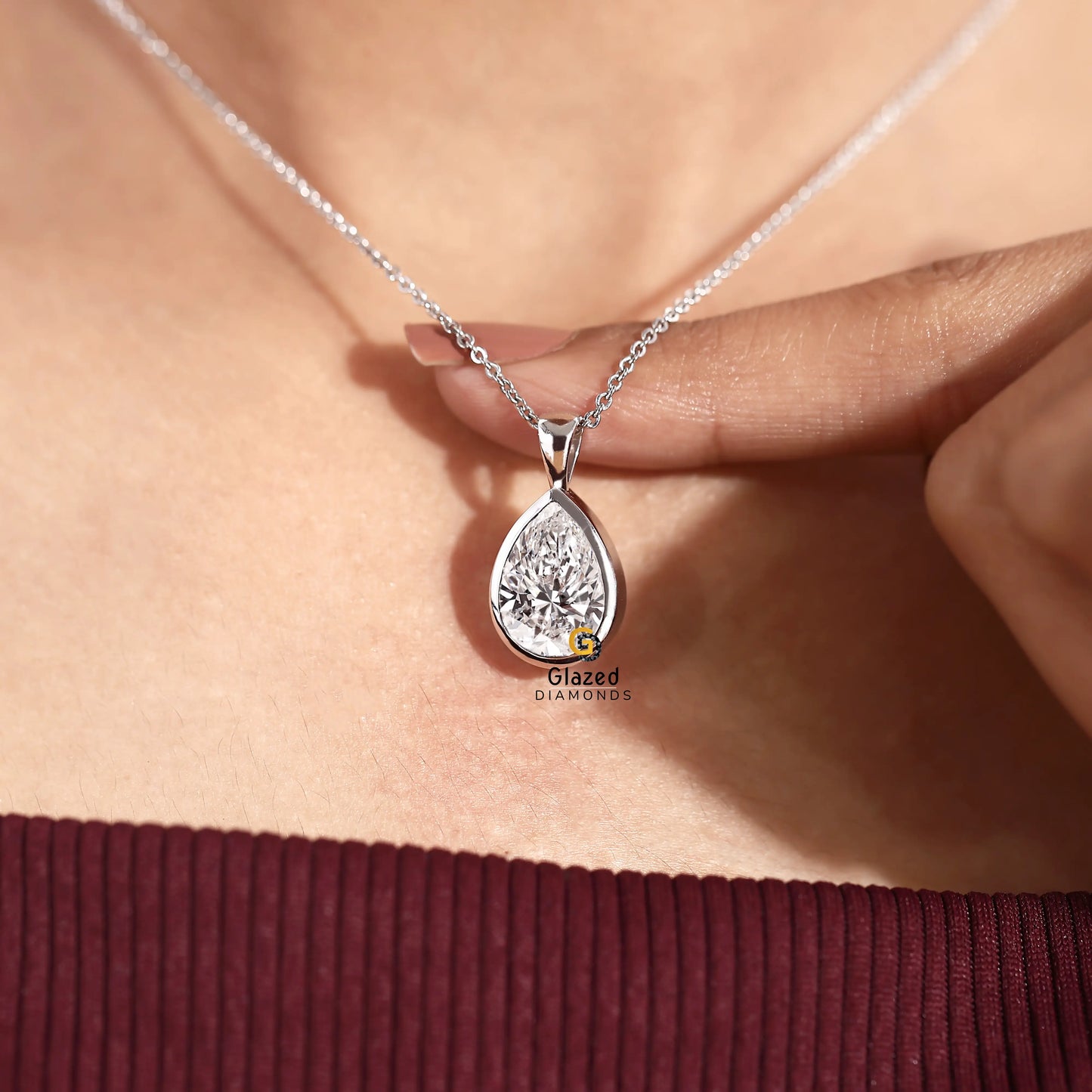 14K Solid Gold Pear Cut Lab Diamond Charm Pendant For Her