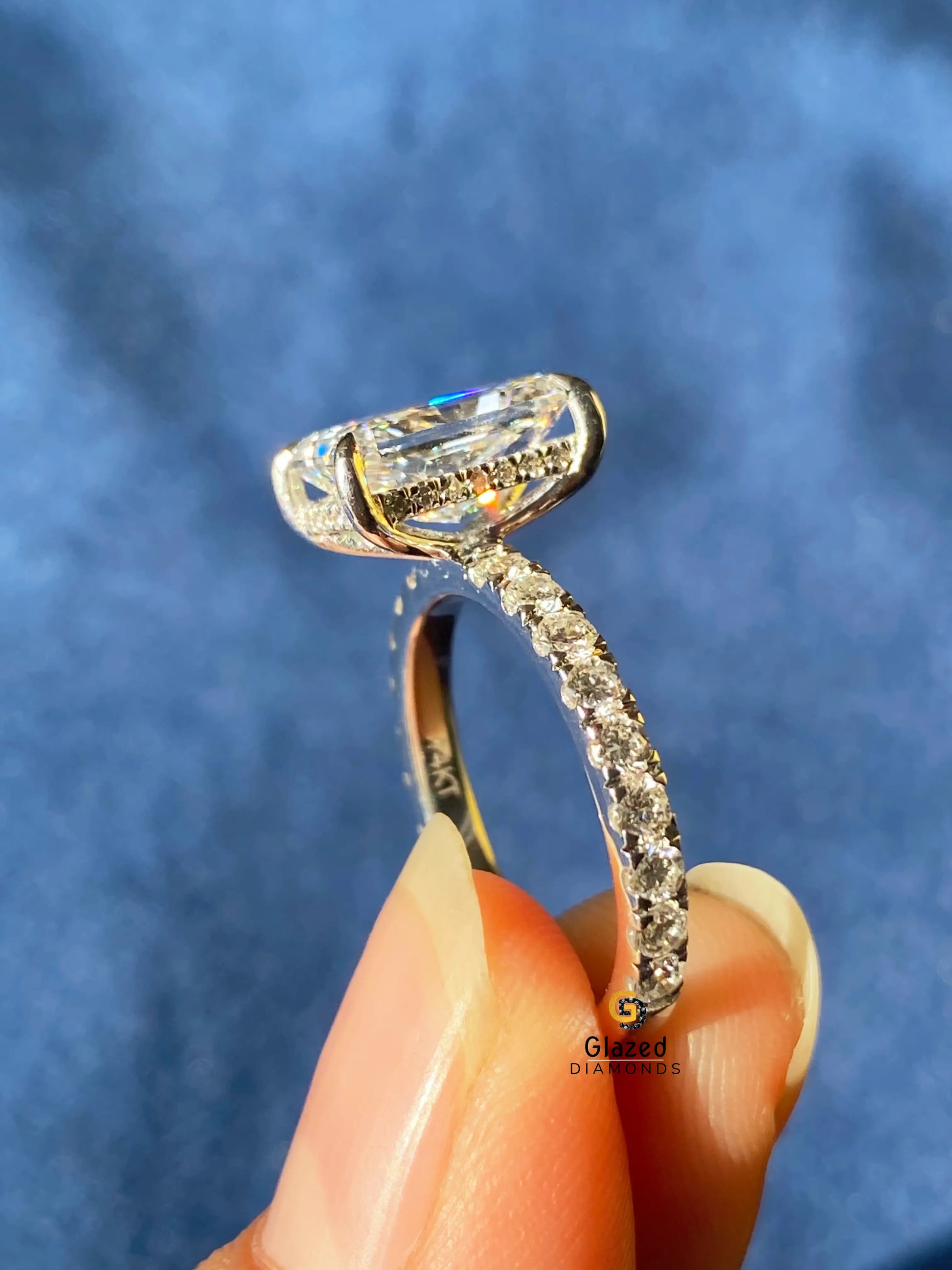 14K Solid Gold Radiant Cut Hidden Halo Ring For Her