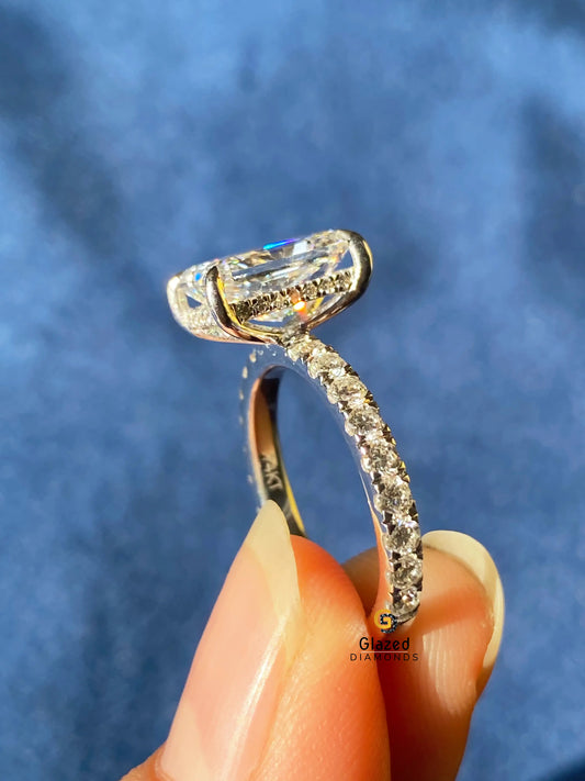 14K Solid Gold Radiant Cut Hidden Halo Ring For Her