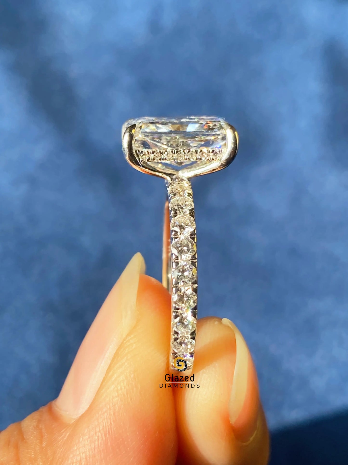 14K Solid Gold Radiant Cut Hidden Halo Ring For Women