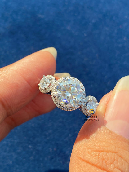 14K Solid Gold Round Cut Moissanite Three Stone Pave Band Ring