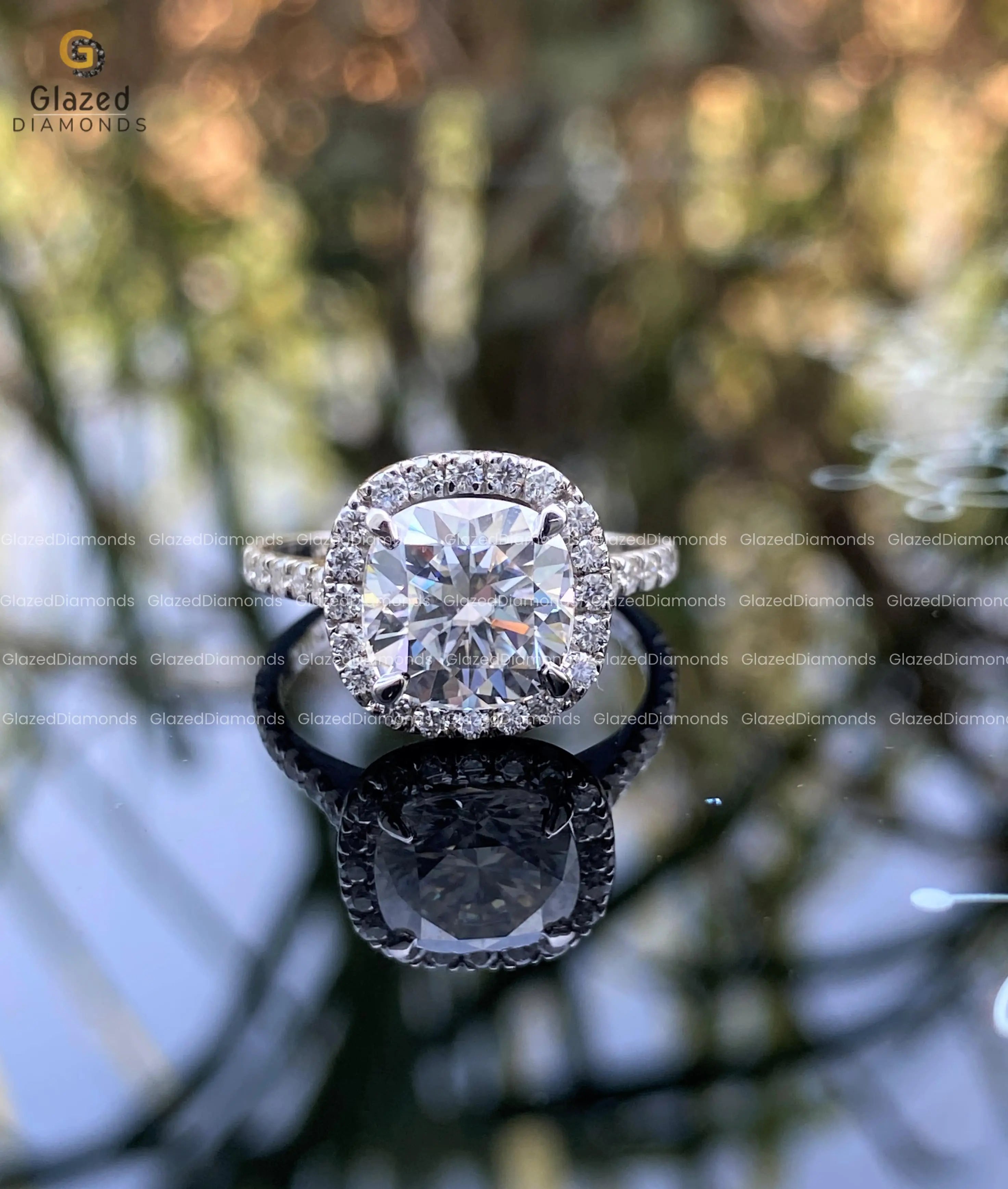 14K White Gold Cushion Cut Moissanite Halo Engagement Ring