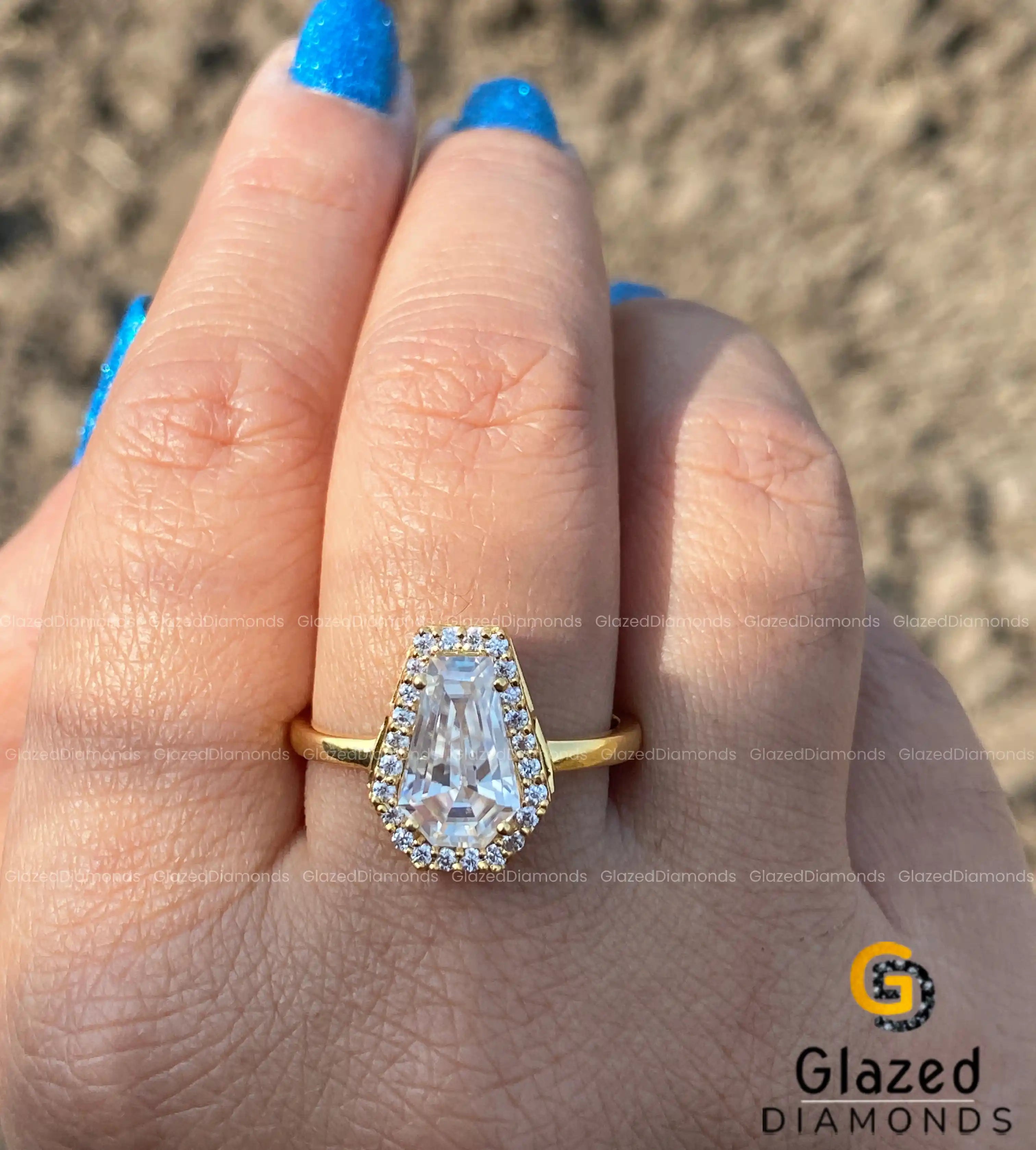 14K Yellow Gold Coffin Cut Moissanite Halo Engagement Ring