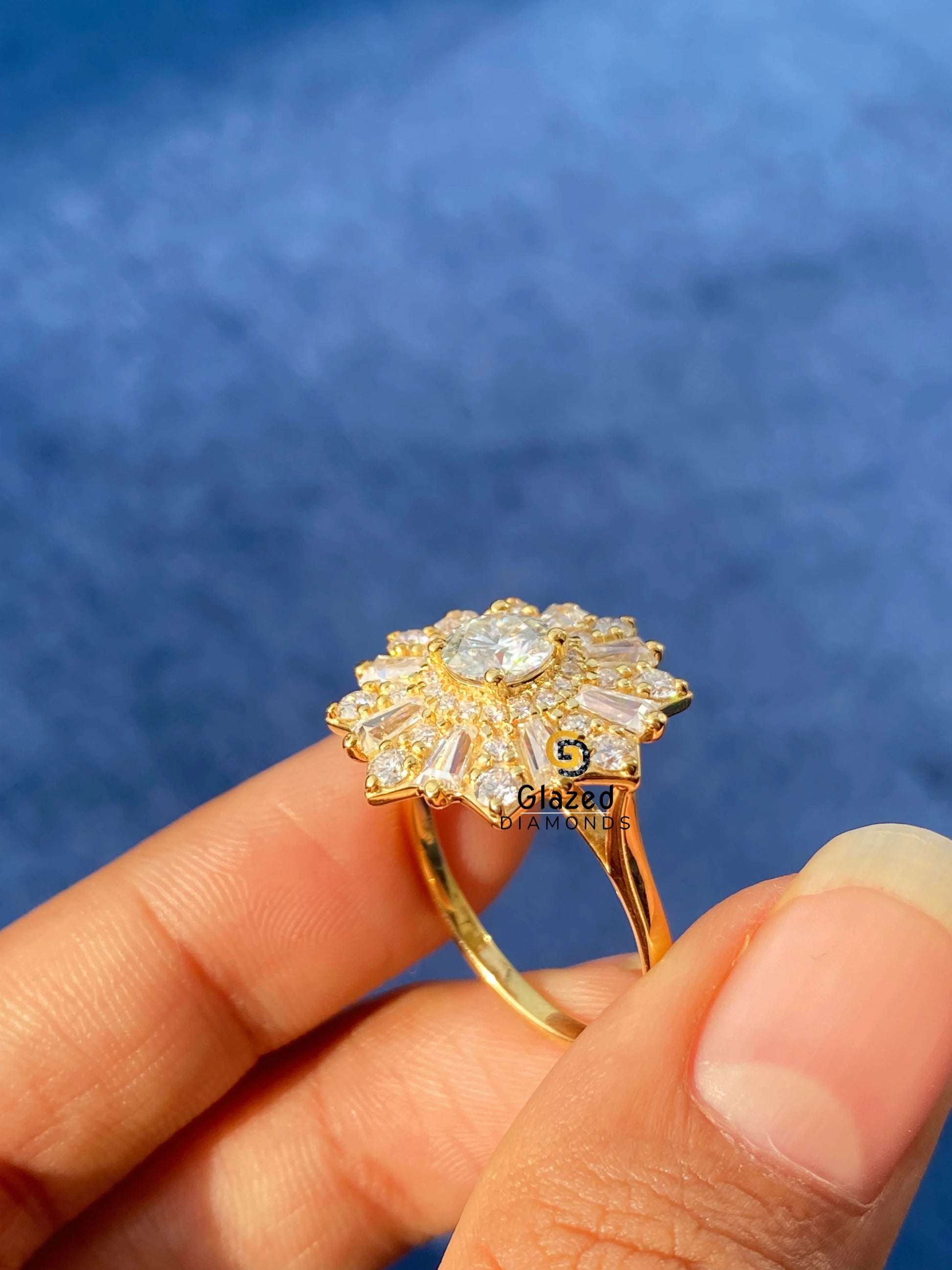14K Yellow Gold Round Cut Moissanite Cluster Engagement Ring