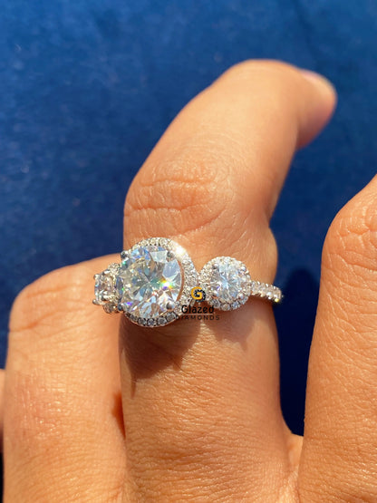 14K Yellow Gold Round Cut Three Stone Moissanite Halo Ring