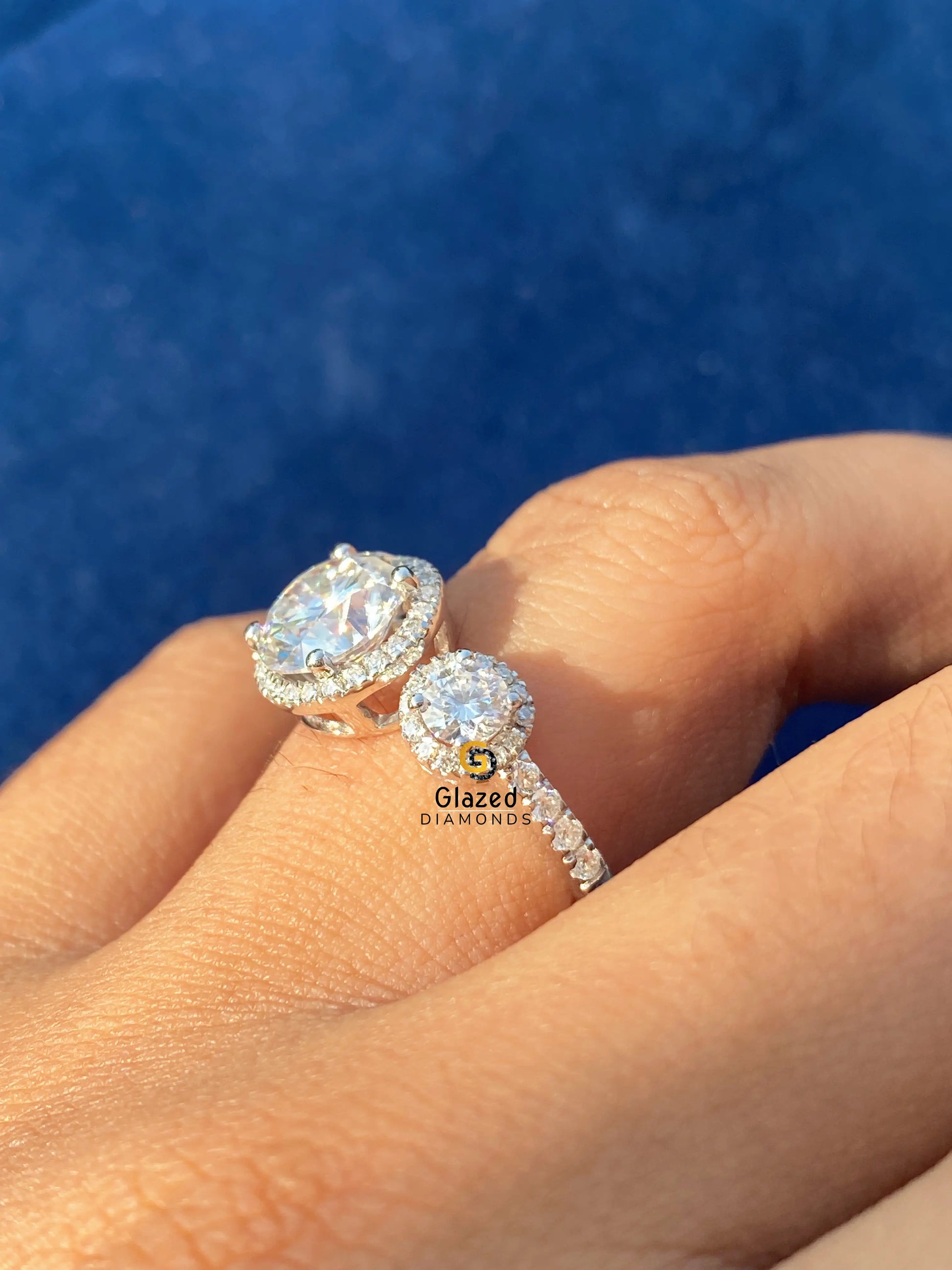 14K Yellow Gold Round Cut Three Stone Moissanite Halo Ring For Women
