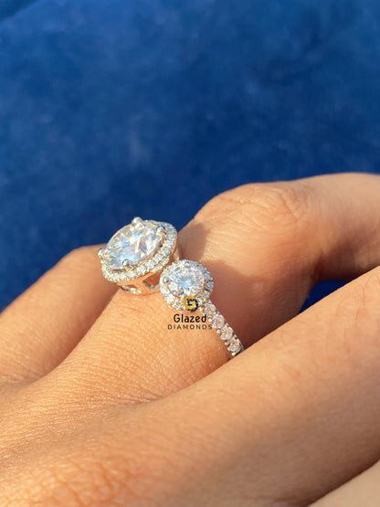 14K Yellow Gold Round Cut Three Stone Moissanite Halo Ring For Women