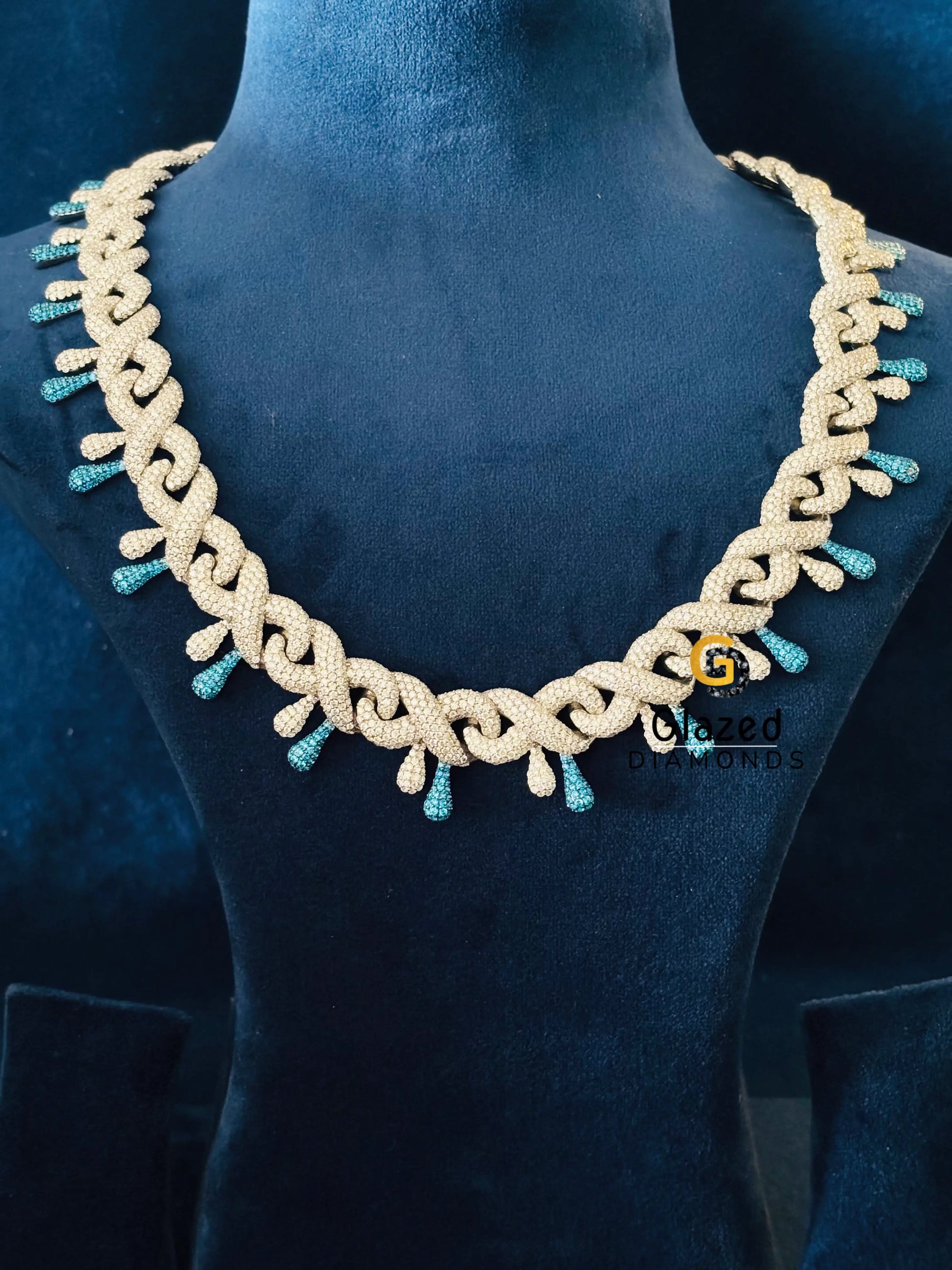 14MM White_ SkyBlue Diamond Moissanite Bust Down Chain