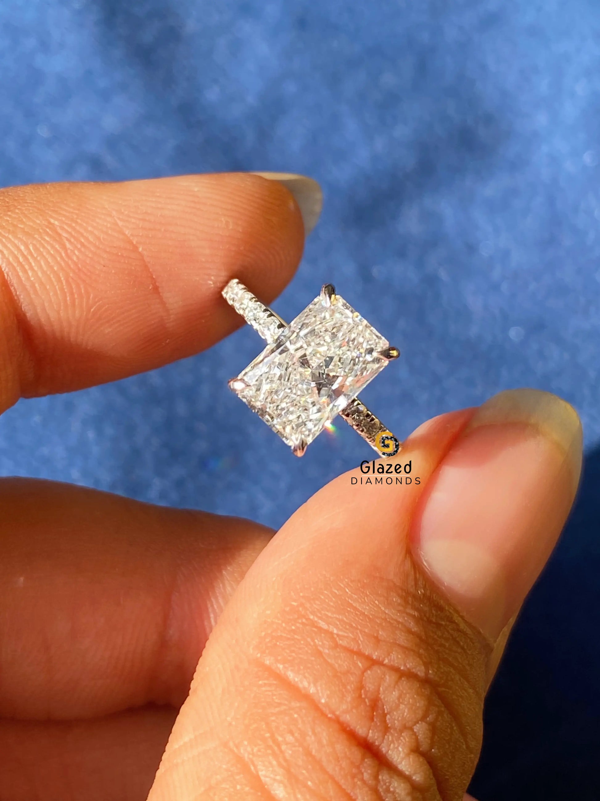 14 K Solid Gold 3CT Radiant Hidden Halo Pave Band Moissanite Wedding Ring For Women