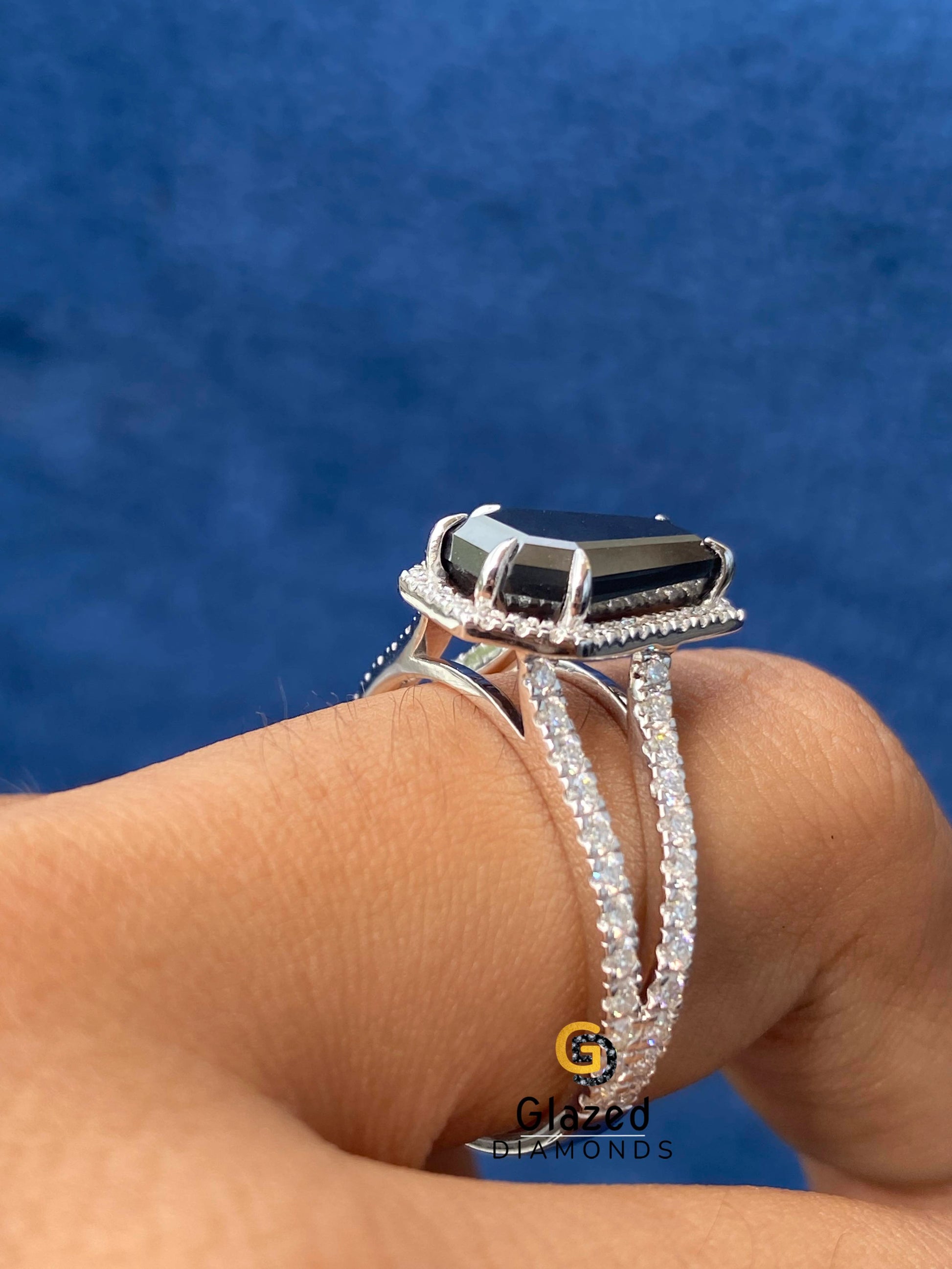 2CT Black Coffin Cut Halo Moissanite Engagement Ring