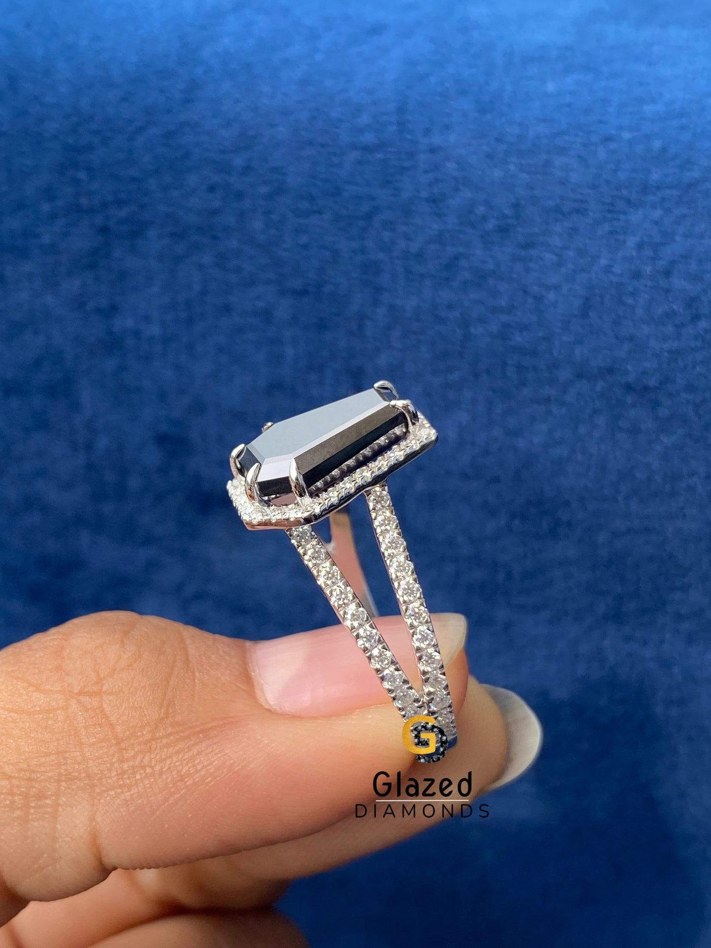 2CT Black Coffin Cut Halo Moissanite Engagement Ring for Her