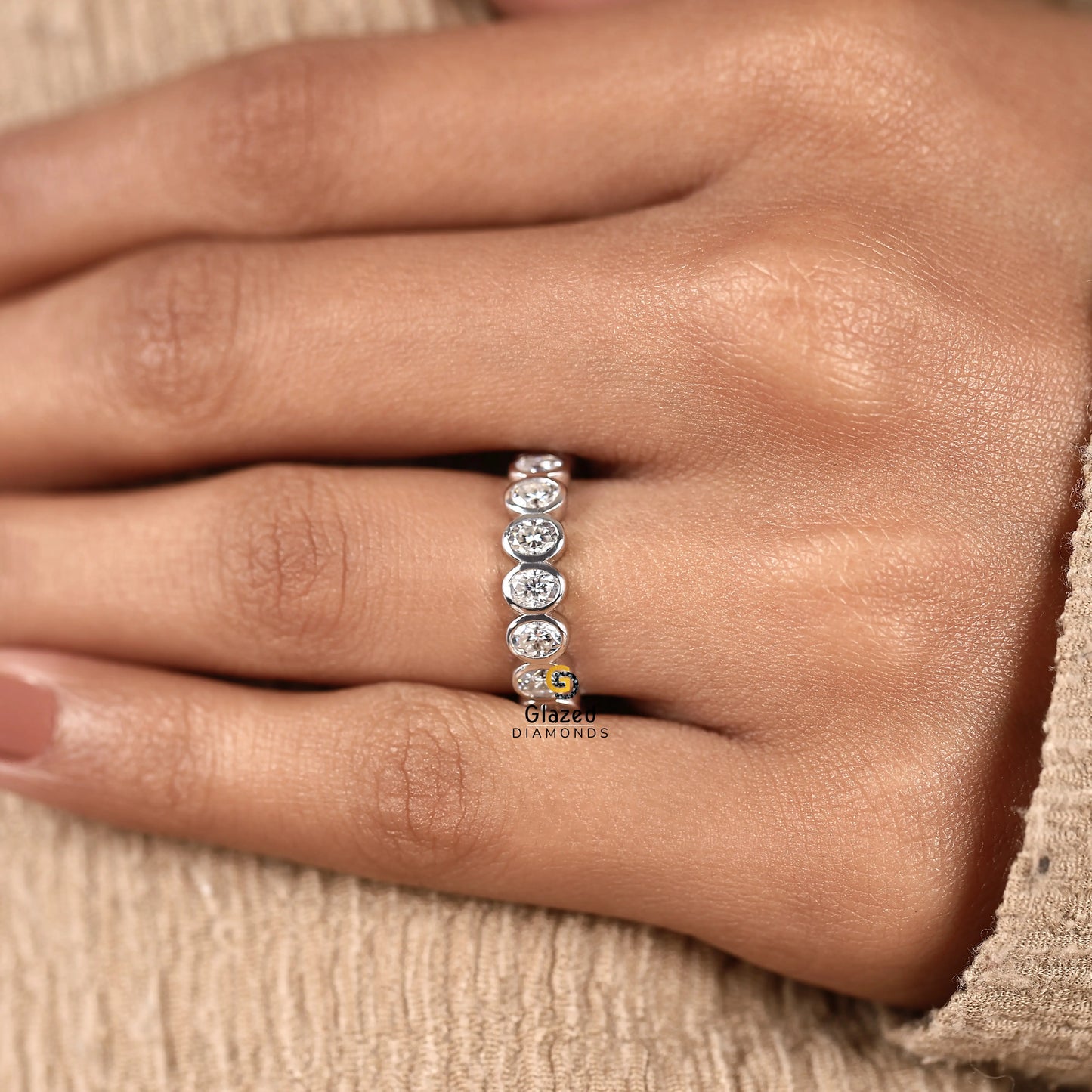 2CT Oval Bezel Set Lab Diamond Half Eternity Wedding Band For Women