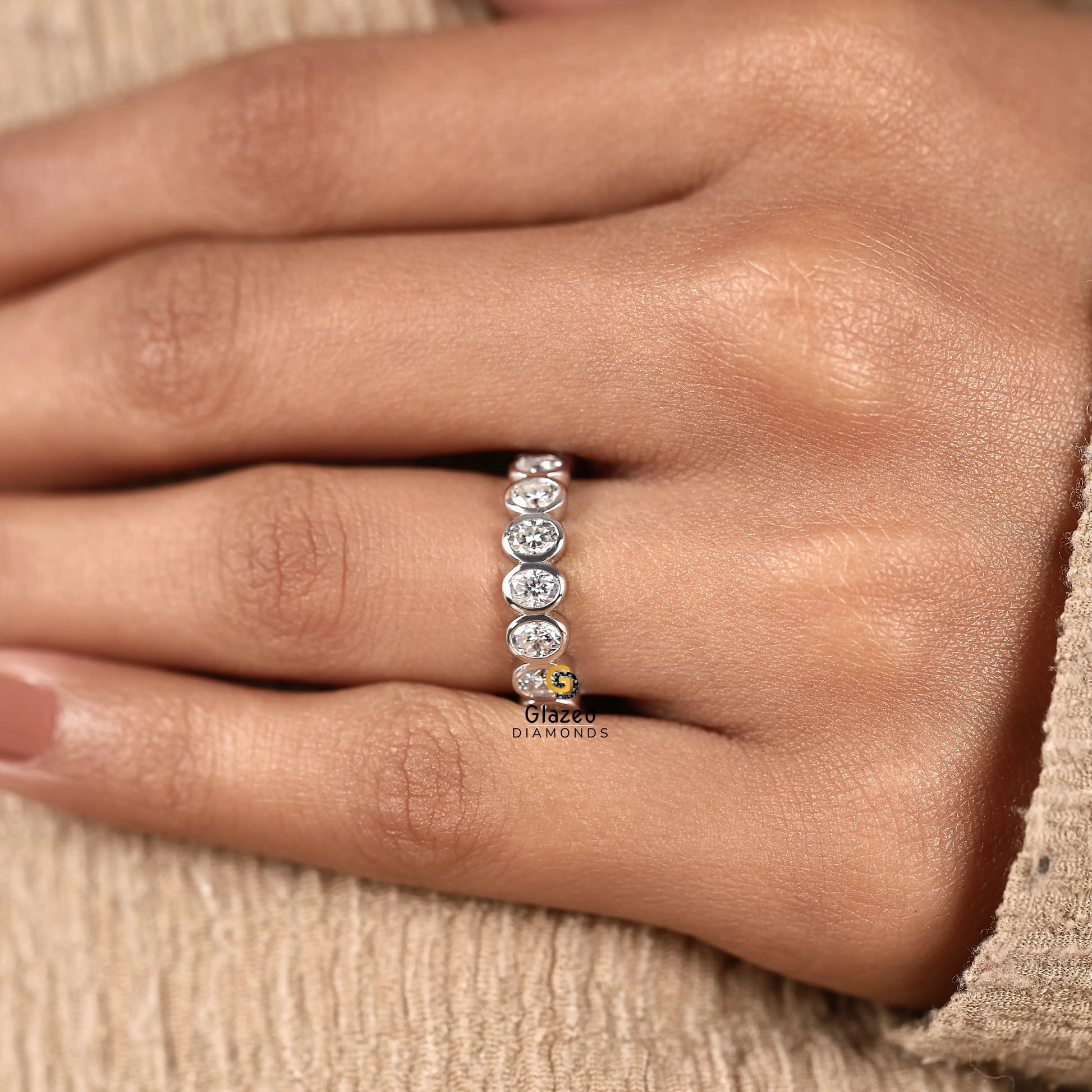 2CT Oval Bezel Set Lab Diamond Half Eternity Wedding Band For Women