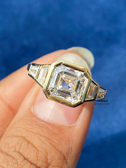 3CT Asscher Cut Five Stone Moissanite Bezel Set Engagements Ring