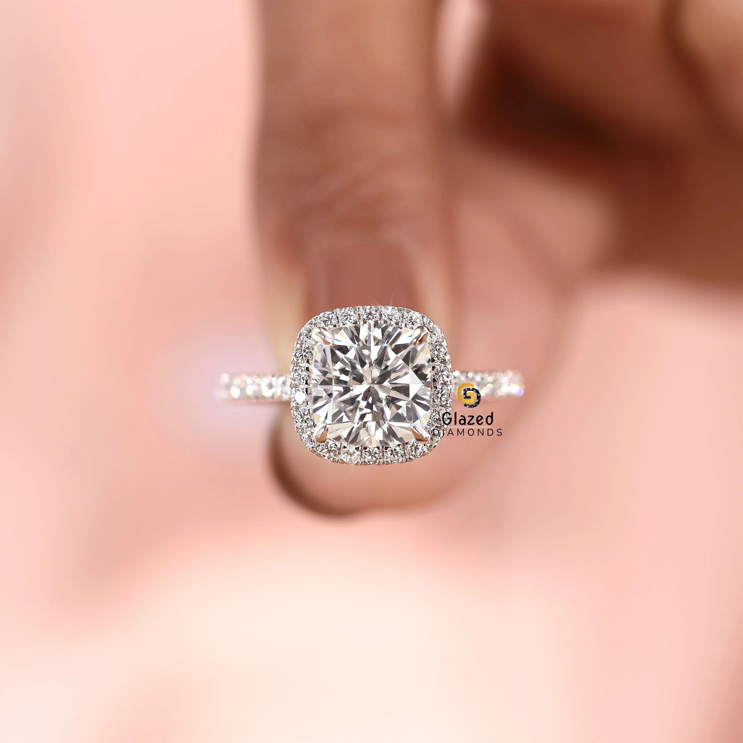 3CT Cushion Cut Lab Grown Diamond Halo Pave Band Ring For Women