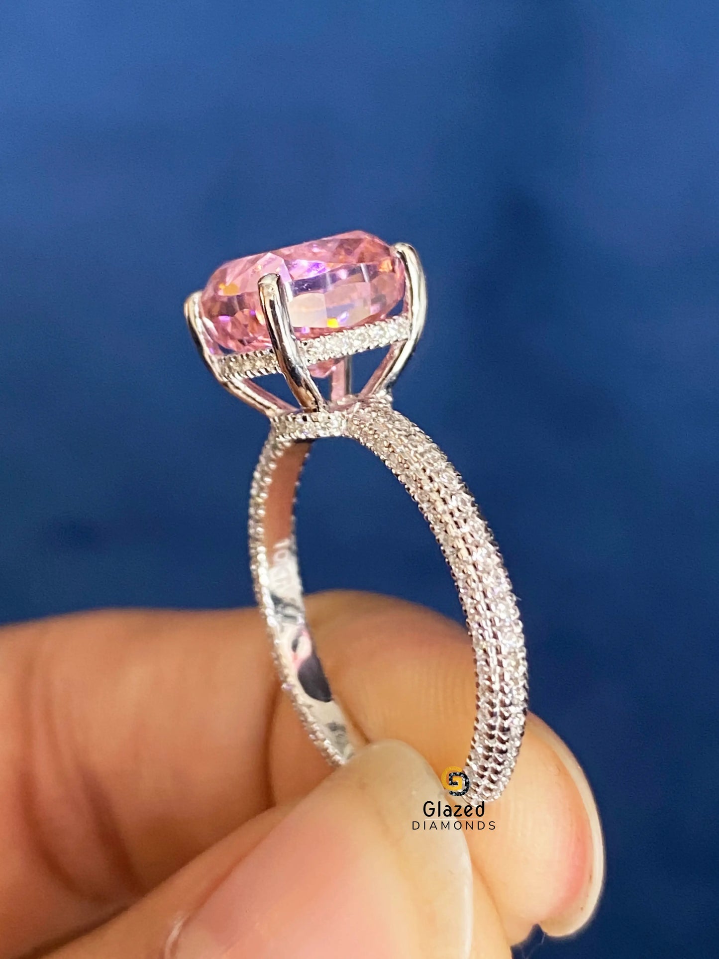 3CT Cushion Cut Pink Moissanite Hidden Halo Engagement Ring 