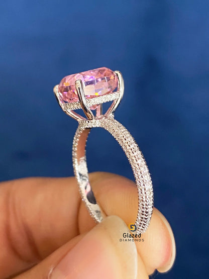 3CT Cushion Cut Pink Moissanite Hidden Halo Engagement Ring 