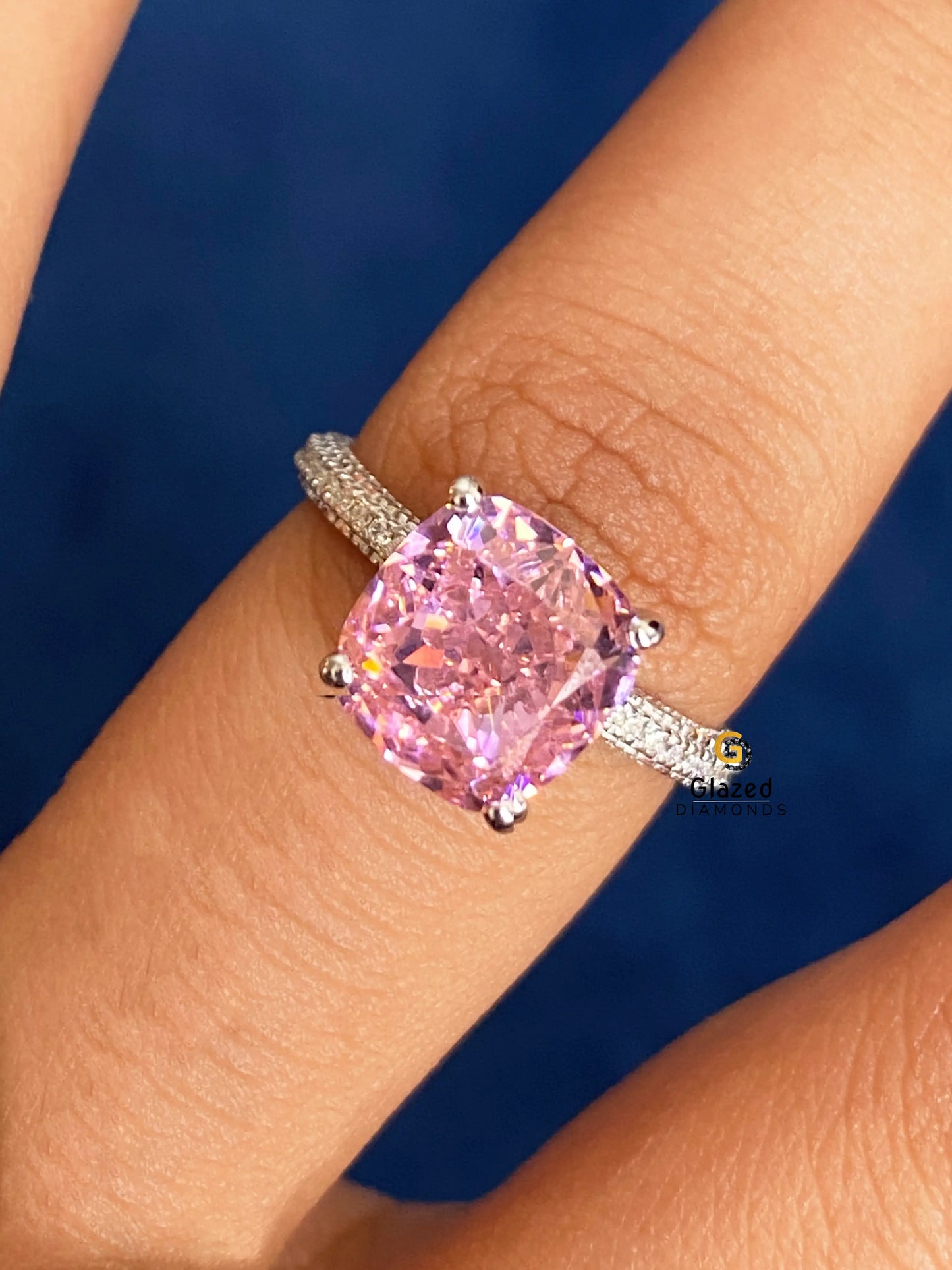 3CT Cushion Cut Pink Moissanite Hidden Halo Engagement Ring For Women