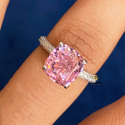 3CT Cushion Cut Pink Moissanite Hidden Halo Engagement Ring For Women