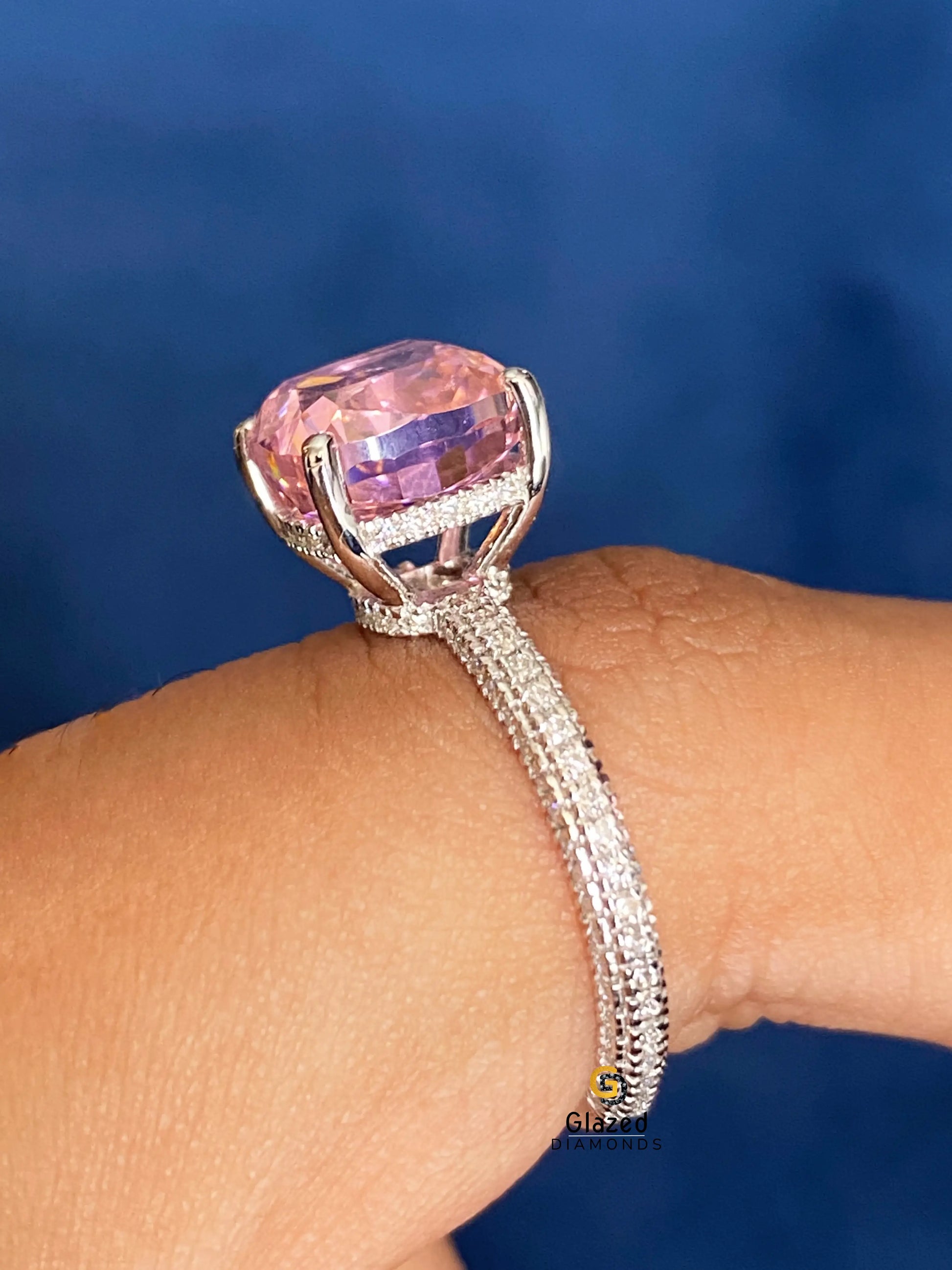 3CT Cushion Cut Pink Moissanite Hidden Halo Pave Band Engagement Ring 