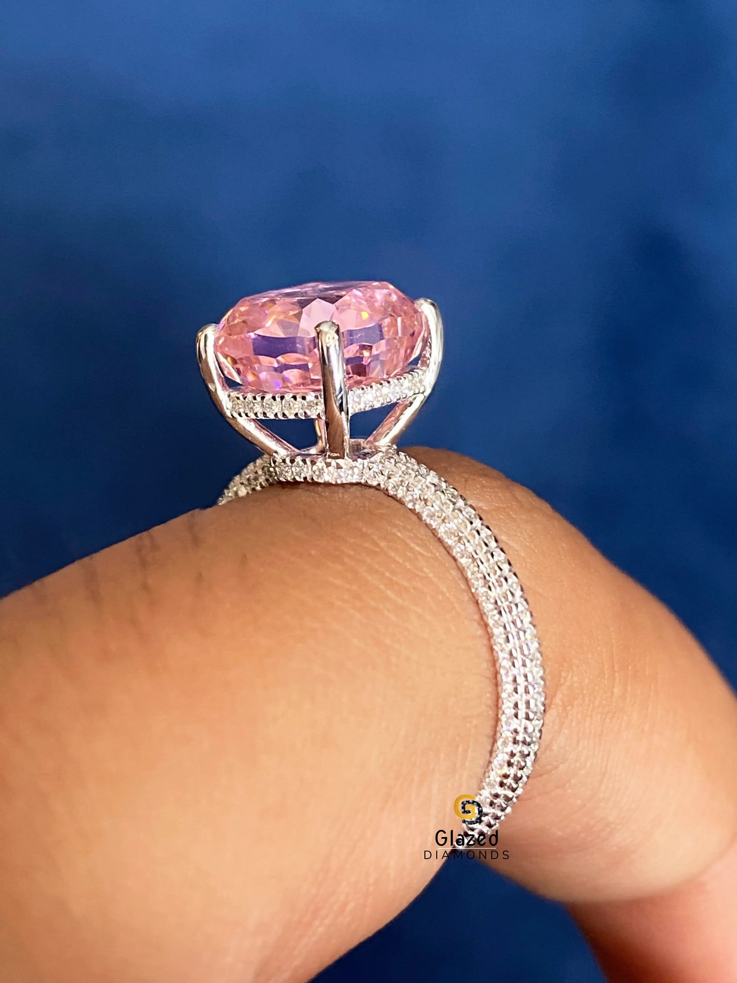 3CT Cushion Cut Pink Moissanite Hidden Halo Pave Band Engagement Ring For Women