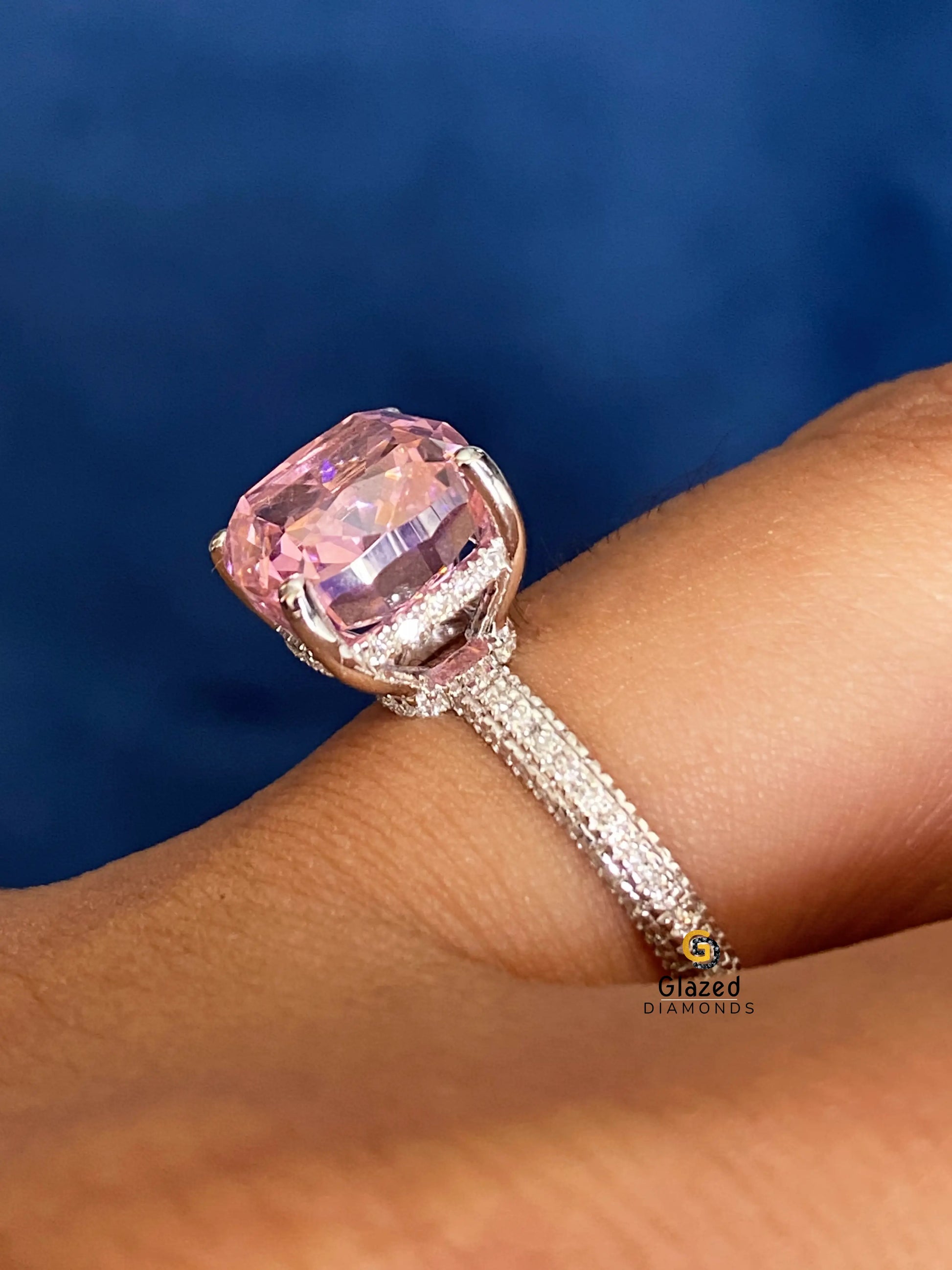 3CT Cushion Cut Pink Moissanite Pave Band Engagement Ring 