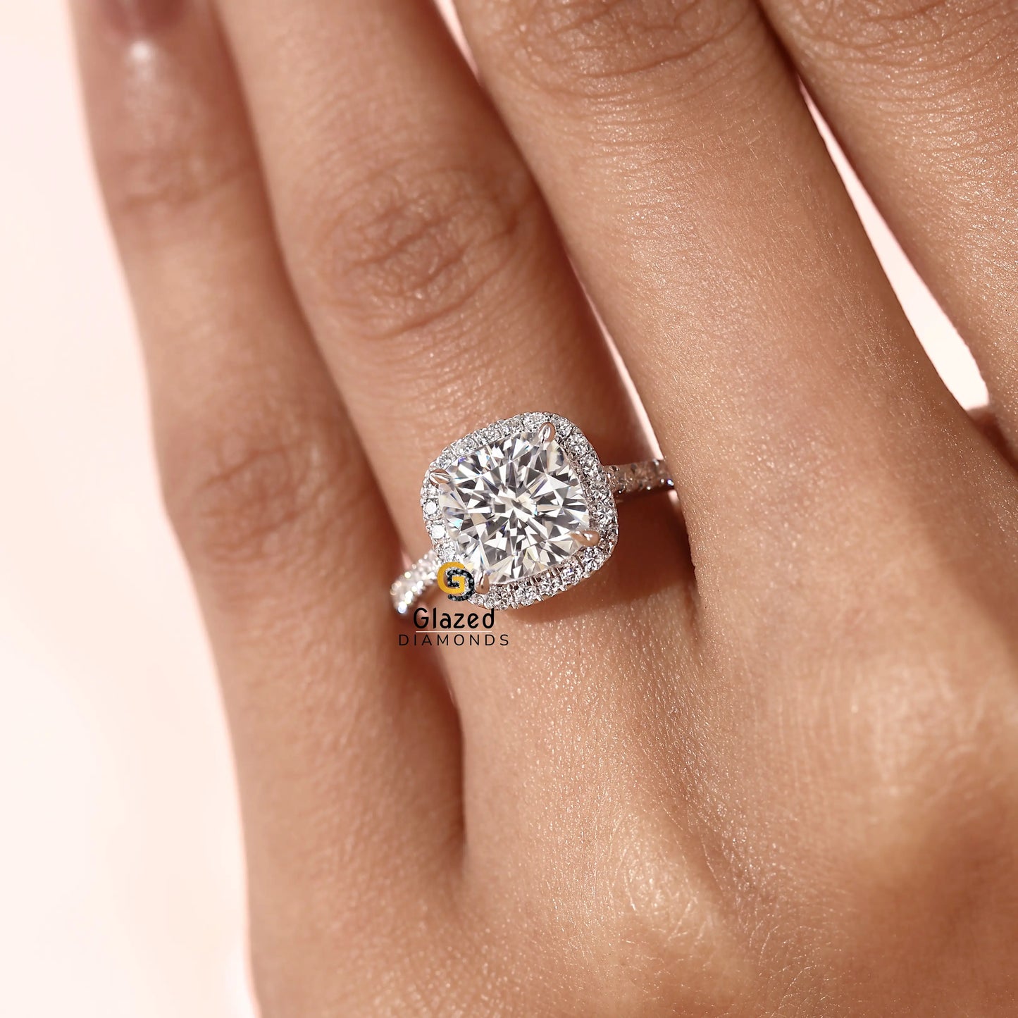 3CT Cushion Lab Grown Diamond Halo Pave Band Ring For Women