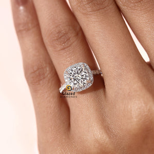 3CT Cushion Lab Grown Diamond Halo Pave Band Ring For Women