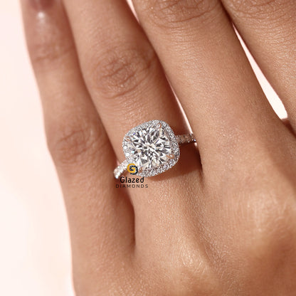 3CT Cushion Lab Grown Diamond Halo Pave Band Ring For Women