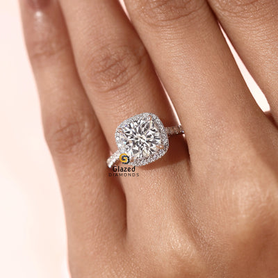 3CT Cushion Lab Grown Diamond Halo Pave Band Ring For Women
