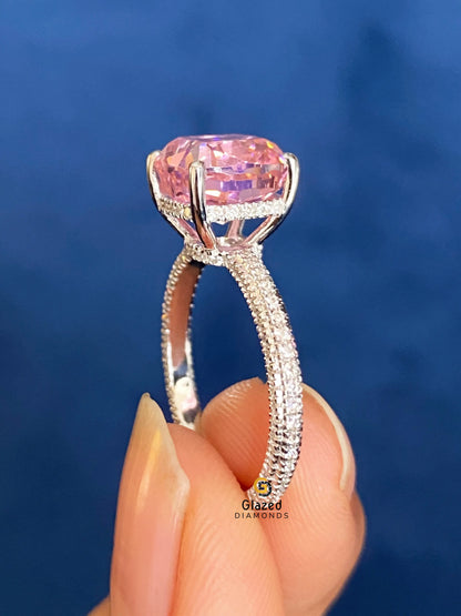 3CT Pink Cushion Cut Hidden Halo Moissanite Engagement Ring