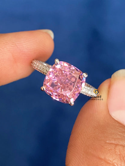 3CT Pink Cushion Cut Hidden Halo Moissanite Engagement Ring For Women