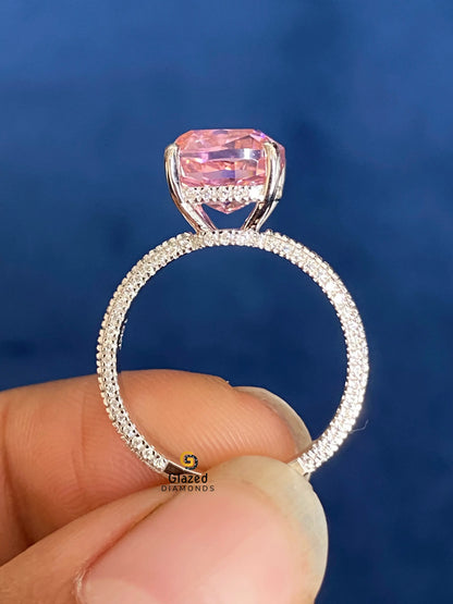 3CT Pink Cushion Cut Moissanite Hidden Halo Engagement Ring