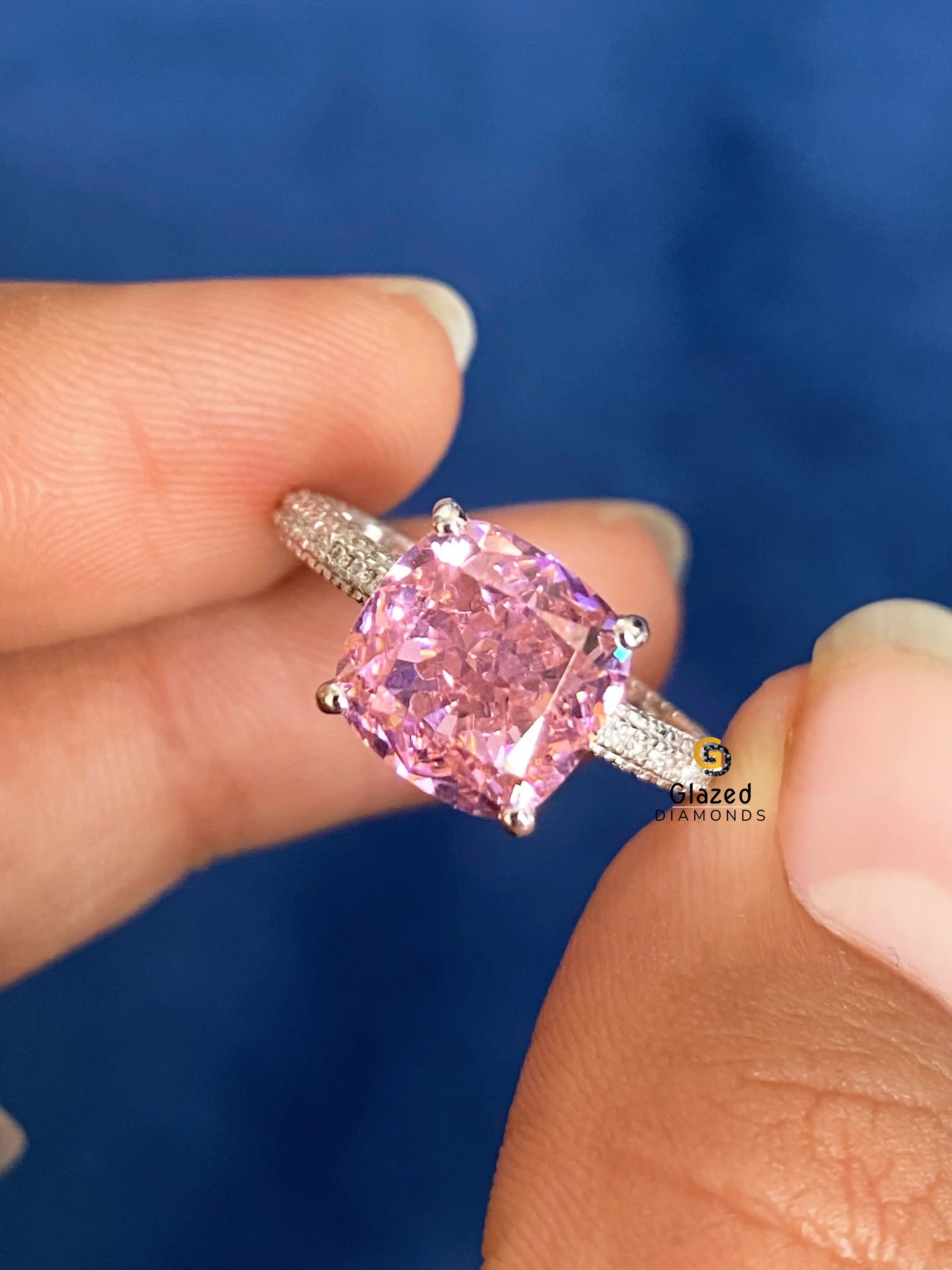 3CT Pink Cushion Cut Moissanite Hidden Halo Engagement Ring For Women