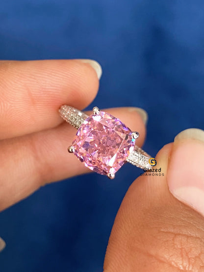 3CT Pink Cushion Cut Moissanite Hidden Halo Engagement Ring For Women
