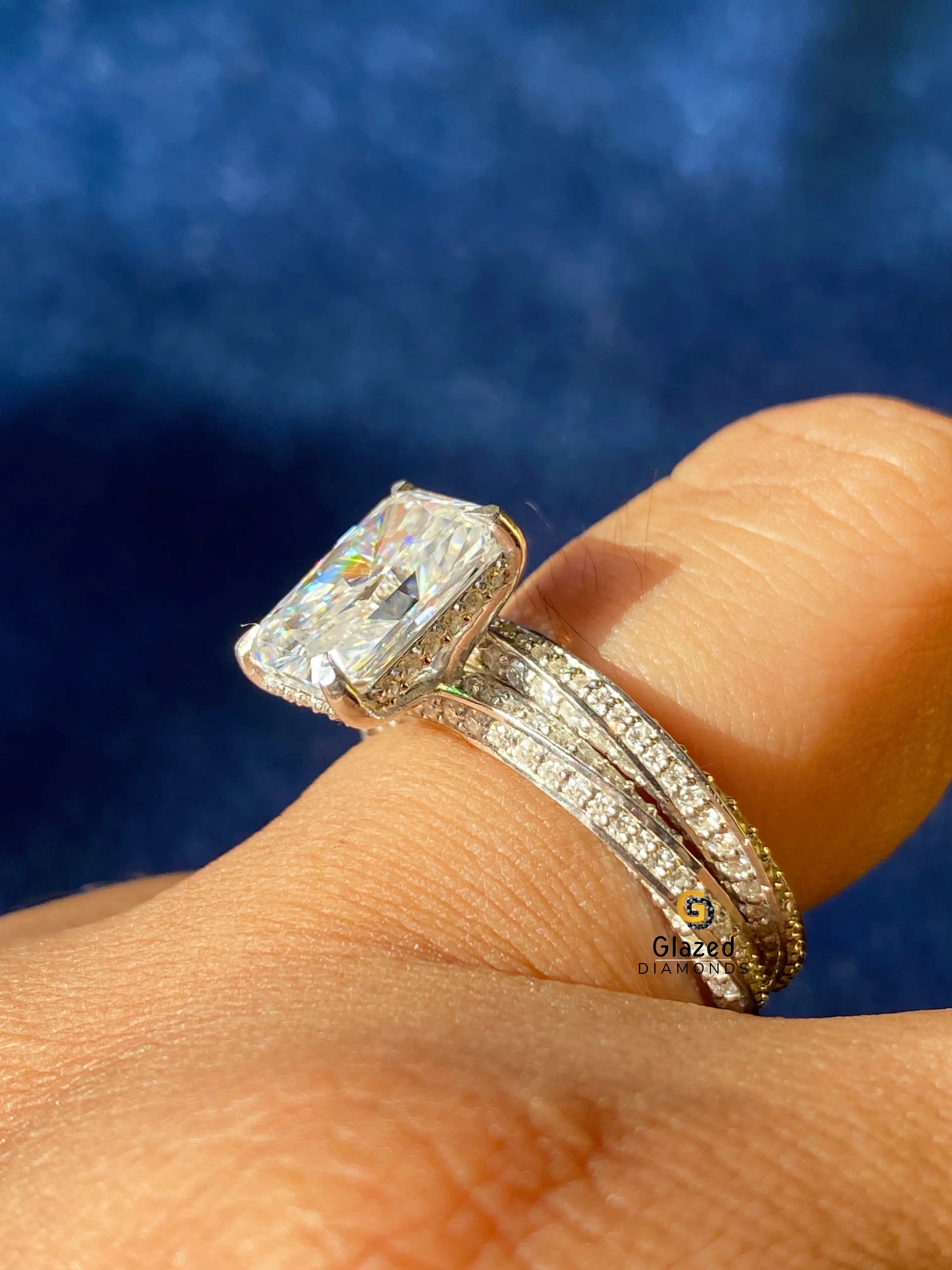 3CT Radiant Cut Hidden Halo Moissanite Wedding Ring Set For Women
