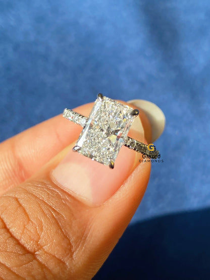 3CT Radiant Hidden Halo Pave Band Moissanite Ring 