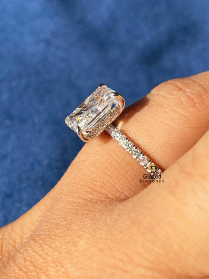 3CT Radiant Hidden Halo Pave Band Moissanite Wedding Ring