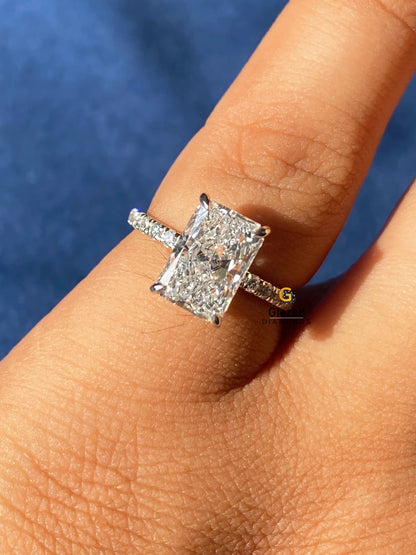 3CT Radiant Hidden Halo Pave Band Moissanite Wedding Ring For Women