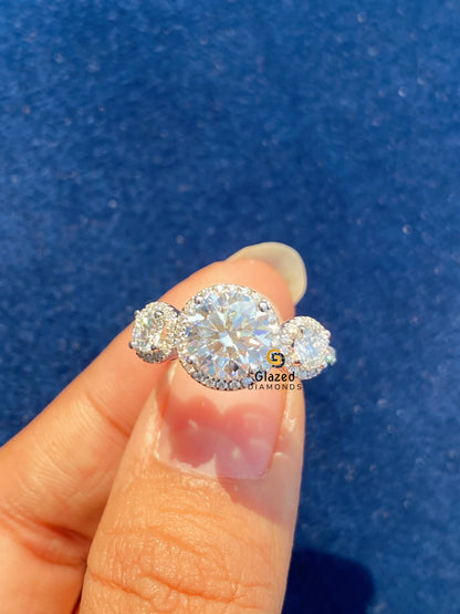 3CT Round Cut Moissanite Three Stone Ring 